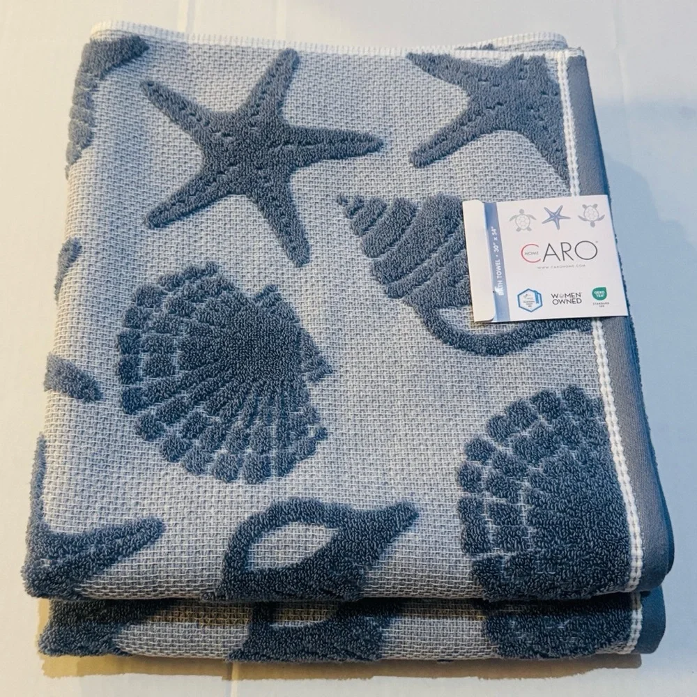 4pc CARO HOME Seashore Pique Bath Towel Set - Starfish/Seashell Design - Blue